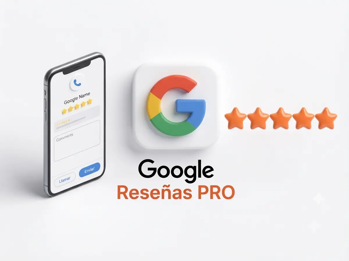 Reseñas PRO de Google: móvil con una reseña, logo de Google y cinco estrellas naranjas