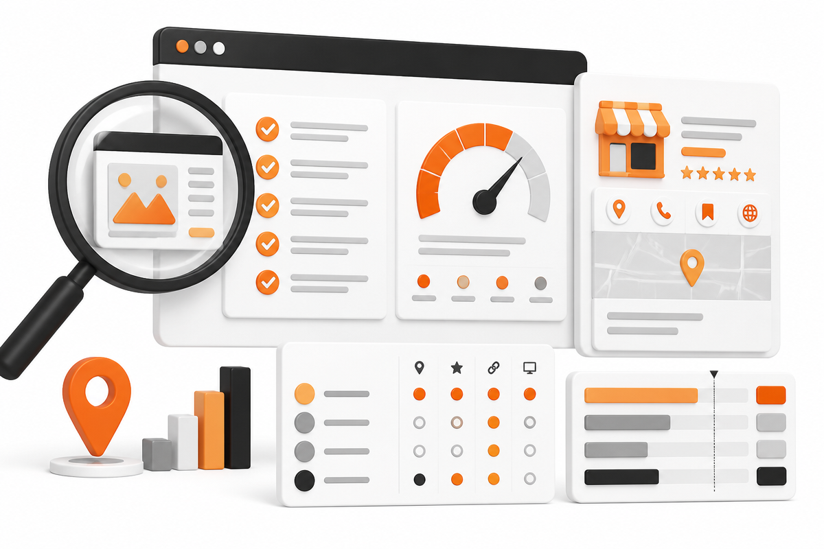 Ilustración de una auditoría SEO de una web y una ficha de negocio local
