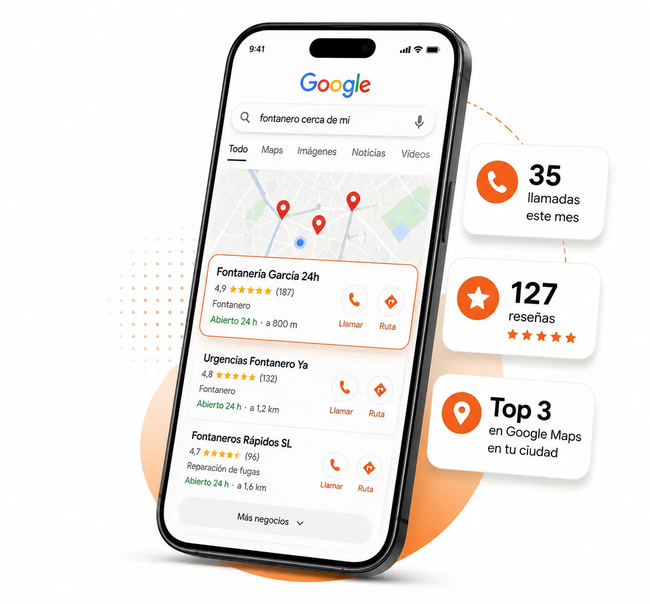 Google Maps mostrando una empresa de fontanería posicionada en los primeros resultados de Google Business Profile