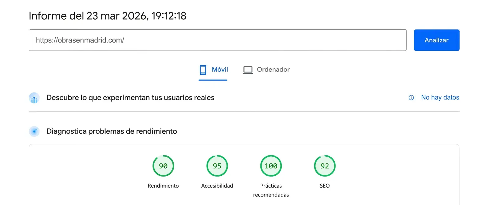 PageSpeed Insights de obrasenmadrid.com
