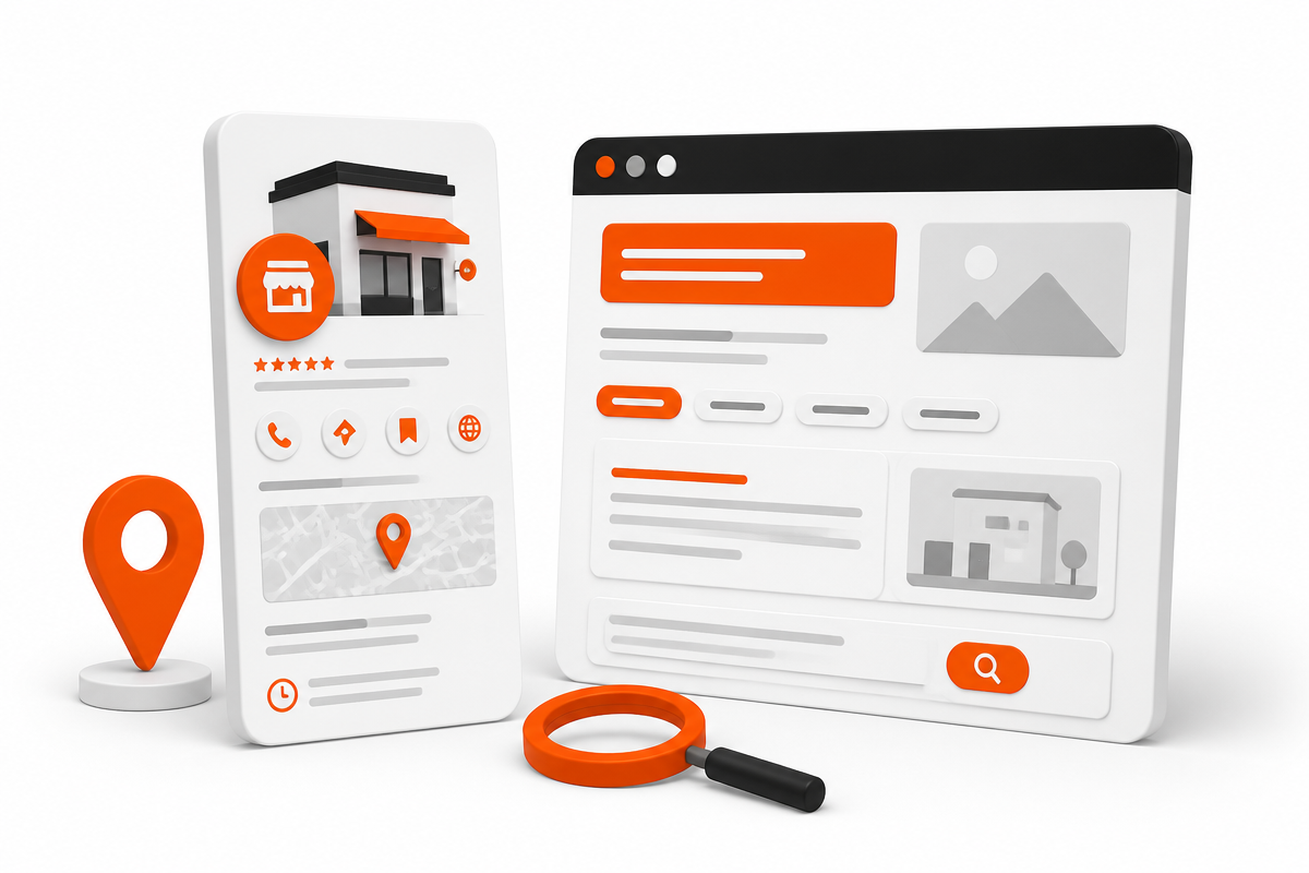 Ilustración de una ficha de negocio y una web optimizadas con categorías y palabras clave locales