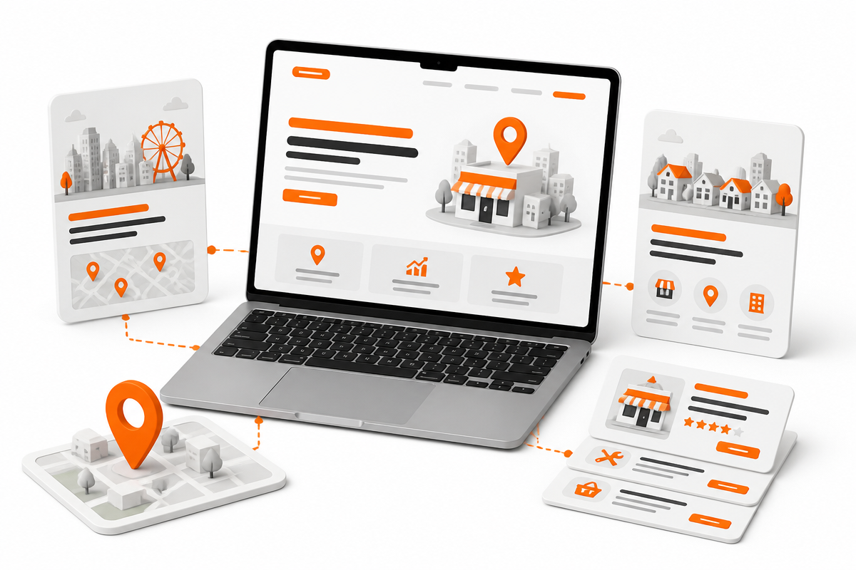 Ilustración de una web SEO local conectada con páginas de servicios y zonas